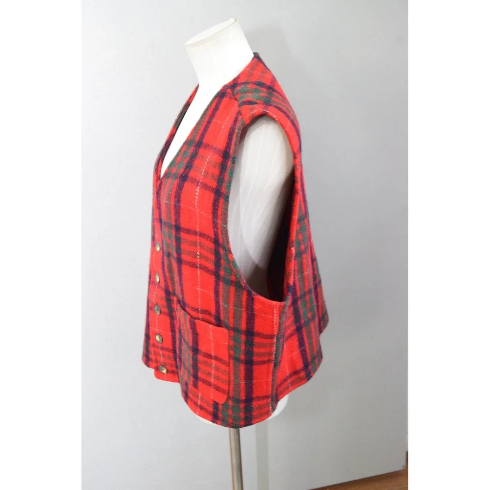 American Eagle Plaid Wool Vest Large Red Button Front Vintage Mens Y2K Buffalo